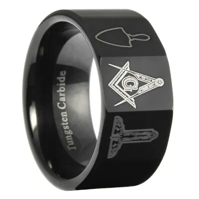 10mm Masonic 3-Tool Black Tungsten Carbide Mens Wedding Band Ring Size 7-15 • $14.99