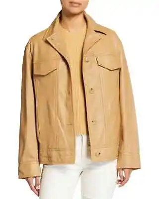 $1195 Vince Womens Leather Jacket XS Tan Supple Lamb Washed Leather Trucker • $242.99