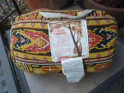 Vintage 70s COLEMAN Red Black Yellow Aztec Camping Hiking Sleeping Bag • $89.99