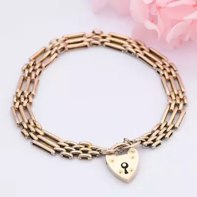 Vintage 9ct Gold Heart Padlock Clasp Gate Link Chain Bracelet With Safety Chain • $809.09