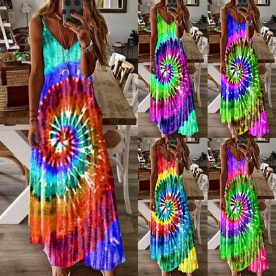 $27.29 • Buy Plus Size Women Tie Dye Sleeveless V-Neck Maxi Dress Ladies Summer Sundress AU