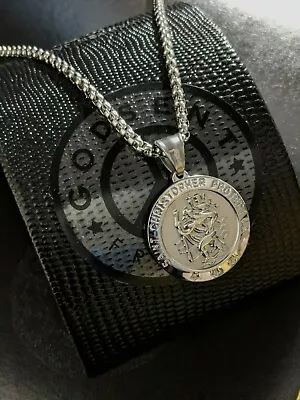 Personalised Large Silver Steel St Christopher Necklace Travel Gift For Men • £27.99