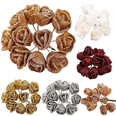 Bundle Of 10 Mini Glitter Roses - Fake Flowers Craft Xmas Card Tree Scrapbook • £7.99