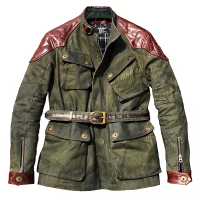 American Vintage Oil Wax Canvas Mid-Length Hunting Jacket Spliced Cowhide • $286.09