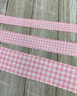 Printed Grosgrain Ribbon 3 Widths 3 & 5 Yards Pink White Houndstooth Plaid • $7.40