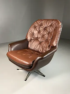 EB6050 Vintage Danish Swivel Bucket Chair Brown Leather Vinyl Retro MCM MSWI • £300