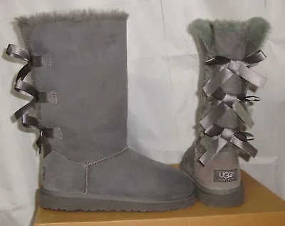 UGG BAILEY BOW TALL Grey Triplet Suede Boots Youth Size US 4 Fit Women's 6 NEW  • $117.90