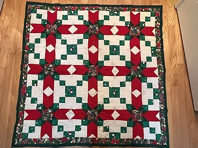 Vintage Hand Stitched Patchwork Christmas Quilt Penguins Holly Ornaments 41.5” • $30