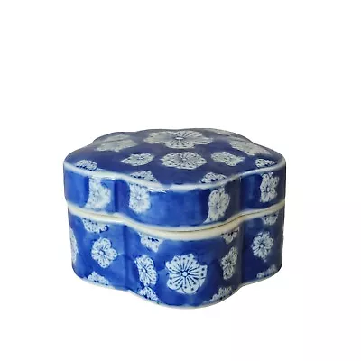 Vintage Oriental Porcelain Floral Trinket Jewelry Box Cobalt Decor With Lid Blue • $30