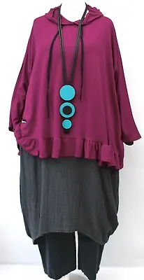 PLUS SIZE MAGENTA JERSEY COTTON BATWING OVERSIZED TUNIC WITH HOOD Size 18-28 • £29