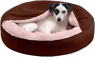 AWSOME - Round Snuggery Hooded Fabric Dog Bed With Attached Blanket Calming Ant • £103.74