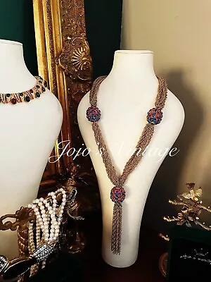 Vintage CROWN TRIFARI Tassel Multi Chain Necklace Blue Pink Rhinestone Baubles • $130