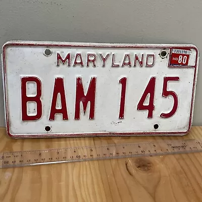 Vintage 1980 80 MARYLAND MD LICENSE PLATE Tag # BAM 145 White Red Man Cave Decor • $14.99