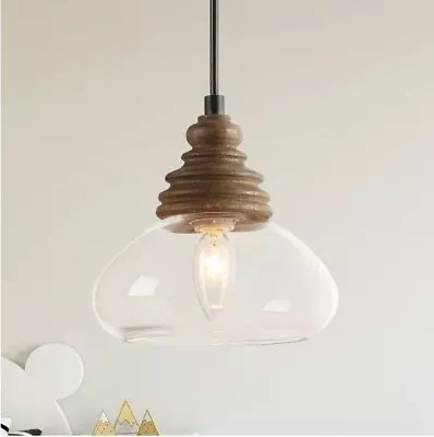 Farmhouse 1-Light Clear Glass Pendant W Vintage Birchwood Base • $20