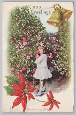 Holiday~Christmas Greetings~Girl W/ Roses~Poinsettia & Bells~PM 1915~Vintage PC • $2.80