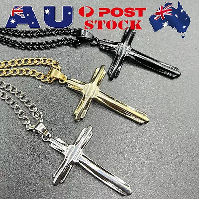 NEW Stainless Steel Silver Jesus Cross Crucifix Pendant Necklace Men& Women AU J • $4.99