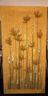 Vtg MCM Crewel Needlepoint Wheat Plants Boho Wall Picture Framed LARGE ! 16 X32  • $55