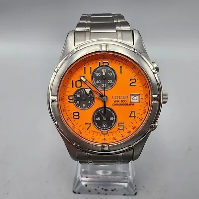 Citizen Chronograph Watch Men Silver Tone Orange Dial Date 38mm Round New Batt • $124.99