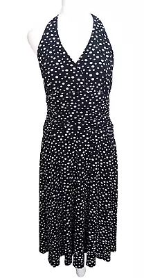 Evan Picone Halter Dress Open Back Polka Dot Stretch Black White Neck Tie Sz 10 • $16.09