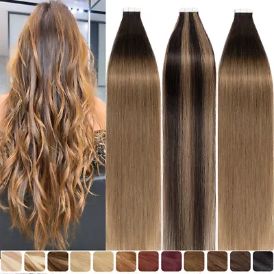 Thick 200G Tape In Remy Human Hair Extensions Full Head Skin Weft Platinum Ombre • $31.98