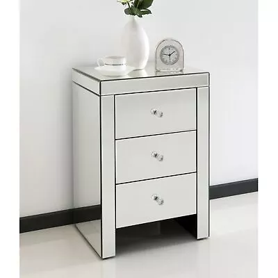 Romano Crystal Mirrored Bedside Unit | 3 Drawer Bed Table | Silver | Modern • £149.99