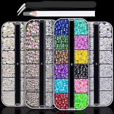 4800 Pcs 4 Boxes Flat Back Rhinestone&Pearls Kits Flatback Round Crystal Ab&Clea • $19.99