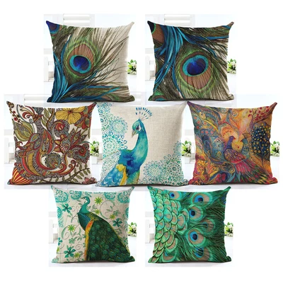 £4.79 • Buy Cotton Linen Peacock Feather Decorative Cushion Cover Indoor Sofa Pillow Case