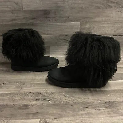 UGG Mongolian Sheepskin Cuff Short Boots Womens 8 FURRY GORGEOUS RARE FUR • $74.99