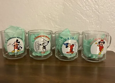 Mickey Mouse Disney Collectible Clear Glass Coffee Tea Mugs VTG USA Set Of 4 • $40