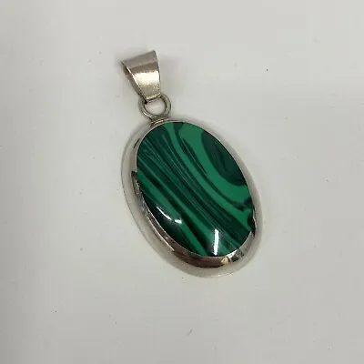 Vintage Sterling Malachite Pendant Large Oval Mexico Green • $49.02