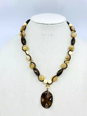 Cookie Lee Necklace Brown Cream Beaded Warm Fall Neutral Tone Costume Jewelry • $8.46