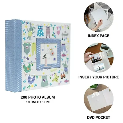 Large Blue Baby Photo Album Holds 200 Photos 4' X 6' Ideal Gift Memo Writing  • £6.99