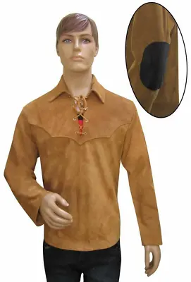 Men Mountain Man Cowboy Western Rendezvous Suede Leather Fringe War Shirt WS51 • $90