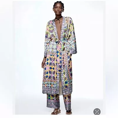 Zara NWT Women’s Vibrant Multicolor Printed Satin Long Kimono- Size XXL • $88