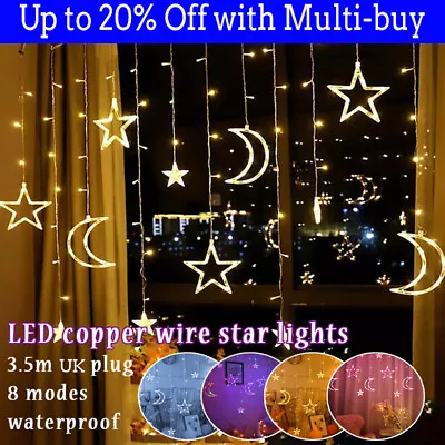 Twinkling Star Moon LED Curtain Lights Fairy String Light Party Home Decor • £9.46