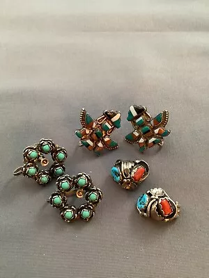Old Pawn 3 Pairs Navajo Zuni Knifewing Inlay Native Am Turquoise Coral Earrings • $41