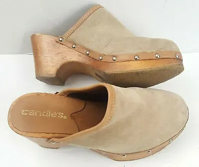 Vintage Candies Platform Clogs 6.5 Mules Heels Slides Shoes Wood Beige Suede • $48