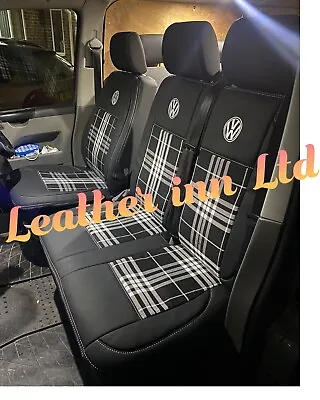 Vw Transporter T5 T6 Seat Covers Front 3 Seater Leatherette And Check Fabric • $217.80
