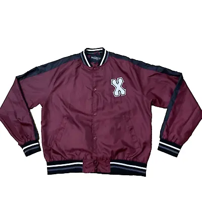 BROOKLYN STANDARD X Satin Varsity Jacket Burgundy Mens L Snap Retro Mock BomberL • $22.80