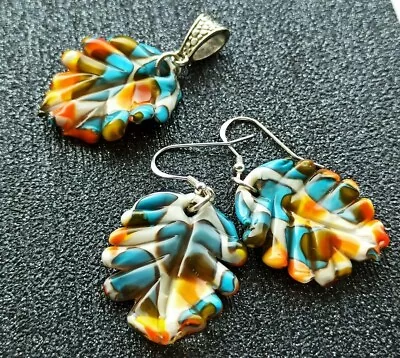 Set Pendant & Earrings Murano Glass Multi Colors 925 Sterling Silver Hooks  • £45