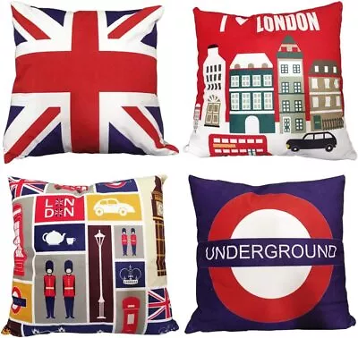 Set Of 4 Luxury Soft Velvet London Cushion Covers Union Jack Theme 18 Inches • £17.99