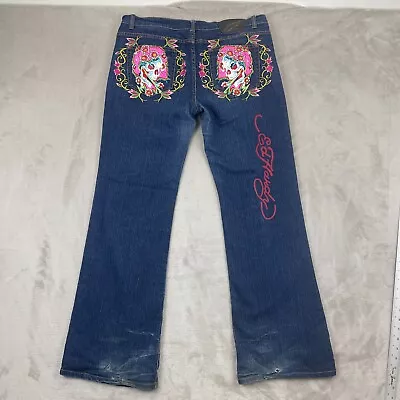 Ed Hardy Jeans 19/20 (36x33) Blue Tattoo Skull Embroidered Christian Audigier • $114.54