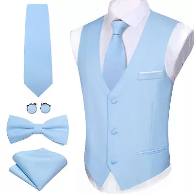 Barry Wang 5pcs Silk Mens Waistcoats Satin Plain Light Blue Vest Tie & Bowtie • $49.98