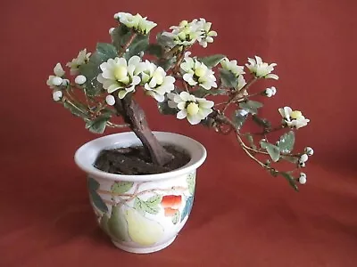 Unique Vintage Jade Bonsai Glass Chrysanthemum Leaves And Buds In Porcelain Pot • $75