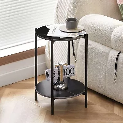 2-Layer Marble End Table Round Coffee Table With Black Metal Frame For Bedroom • $68.46