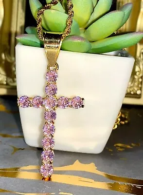 Men 14k Gold Finish Religious CZ VVS Iced Cross Jesus Pendant Rope Chain Steel • $105.59