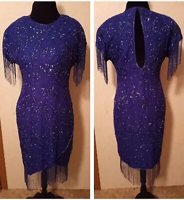 Vtg STENAY Dress 14 Blue Silk Beads Sequins Fringe Paisley Keyhole Back Flapper • $132.99