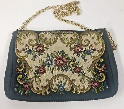 Vintage  Petit Point Floral Purse Black Floral W/ Gold Chain Strap 8  X 6  • $22