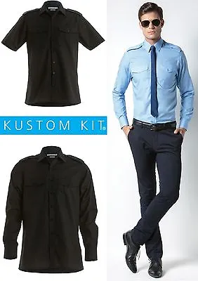 Mens Kustom Kit Black Shirt Long Short Sleeve Tailored Work Shirt Pilot Shirt • £8.69