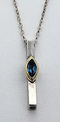 18k 750 Gold & 925 Sterling Silver Movado Blue Topaz Bar Pendant Necklace Ag2338 • $250